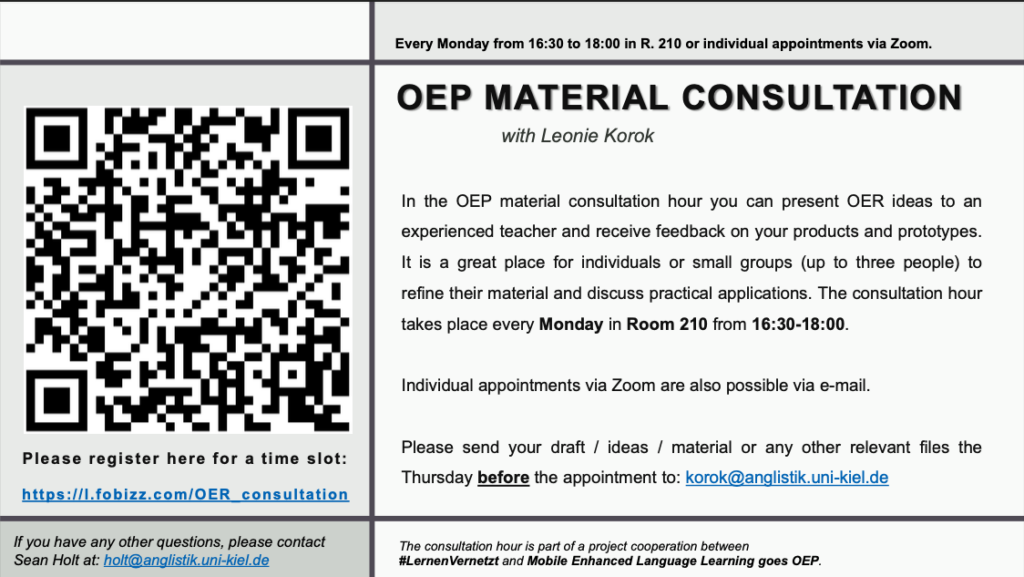 QR code leads to advice on OEP materials. The consultation, led by Leonie Korok, offers feedback on OER ideas and materials every Monday from 4:30 to 6:00 pm in room 210 or via Zoom. For appointments or to send drafts, email korok@anglistik.uni-kiel.de.