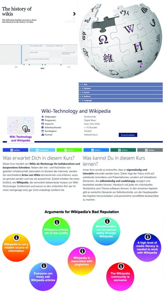 A website about wikis with a large Wikipedia logo, navigation menu options, a course description in German, and a colorful chart detailing Wikipedia's bad reputation with points like 