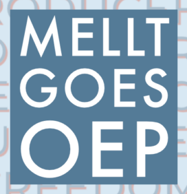 Ein blaues Quadrat mit weißem Text, auf dem steht: „MELLT GOES OEP.“ Das Quadrat liegt auf einem verschwommenen rot-weißen Texthintergrund.