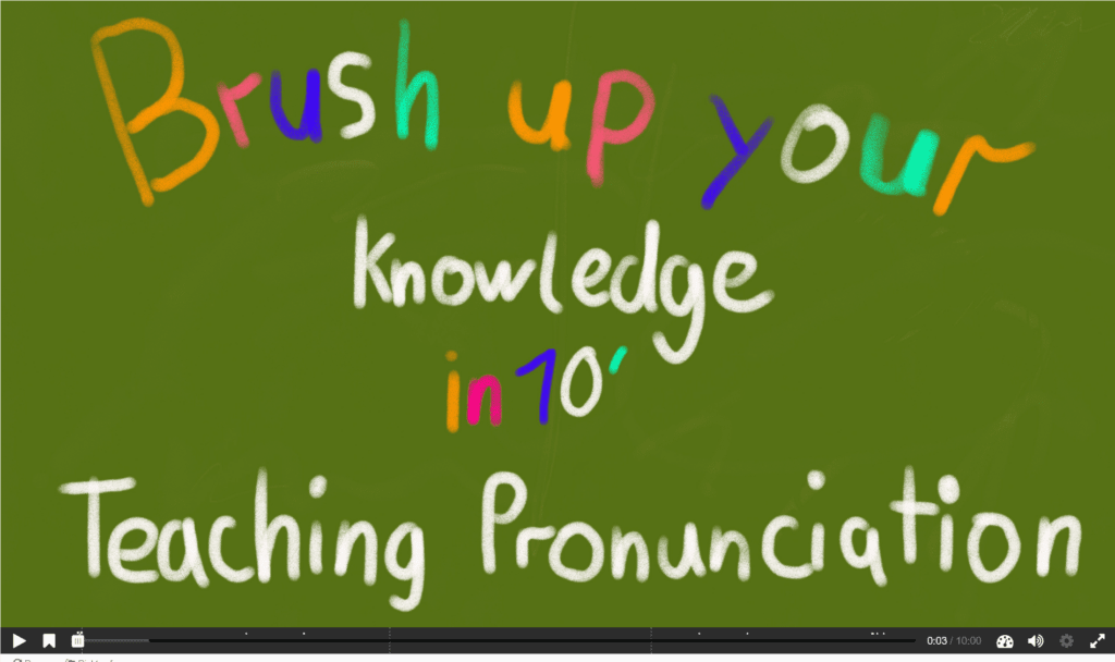 In buntem handgeschriebenem Text auf grünem Hintergrund steht: „Frischen Sie Ihr Wissen in 10 Minuten auf – Ausspracheunterricht.“ Unten ist eine Wiedergabetaste sichtbar.