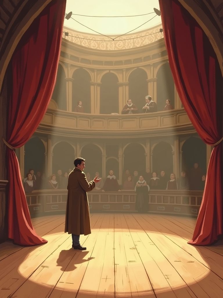 Illustration of William Shakespeare in colorful clothing, with several whimsical versions of him in various poses and expressions. Vibrant background with musical notes and sketches, creating a lively, playful atmosphere.