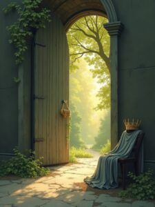 An empty chair draped with a gray cloth and a golden crown stands next to an open arched doorway that leads to a sunlit, leafy garden path. Green vines grow around the door, creating a serene, deserted atmosphere.